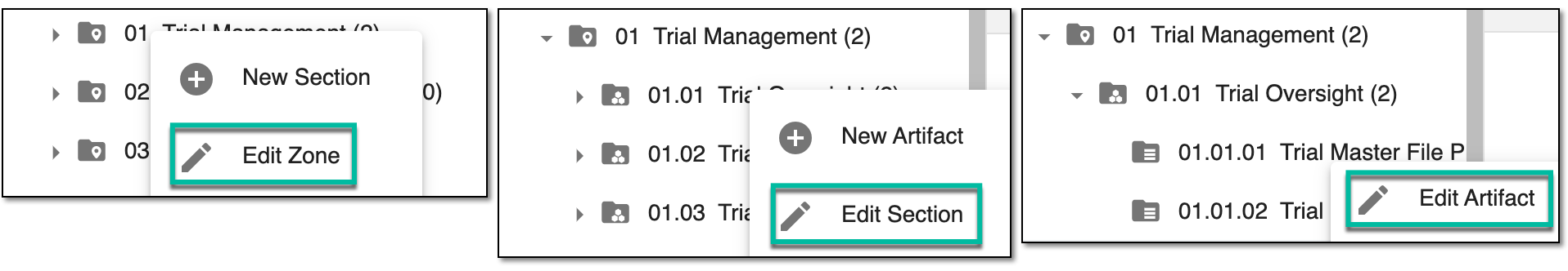 Selecting to edit zone-, section-, artifact-level folder