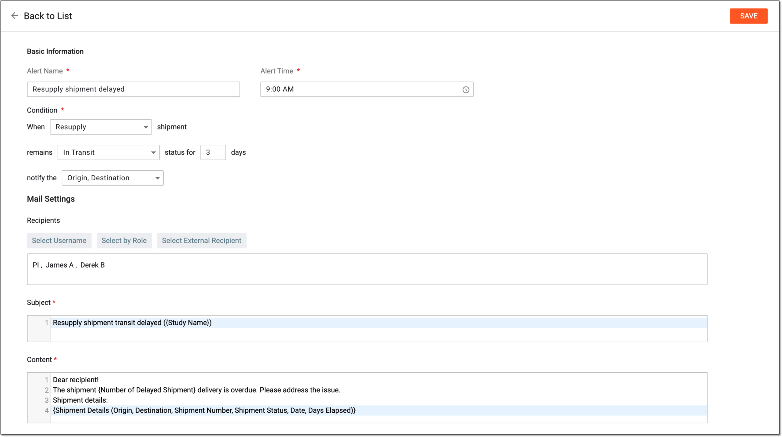 Configuring details for delayed shipment alert