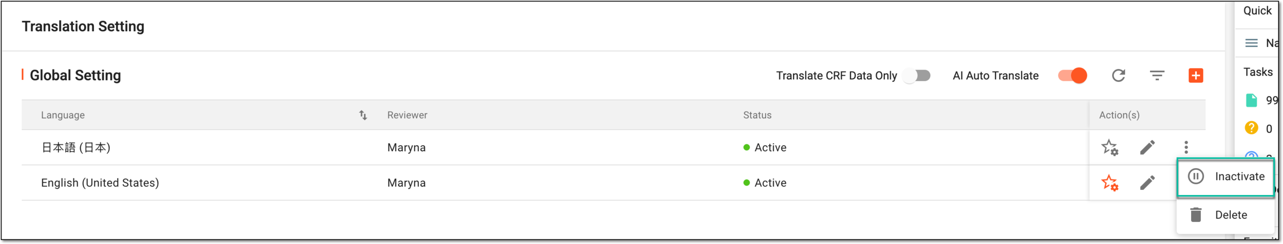 Selecting option to inactivate translation language