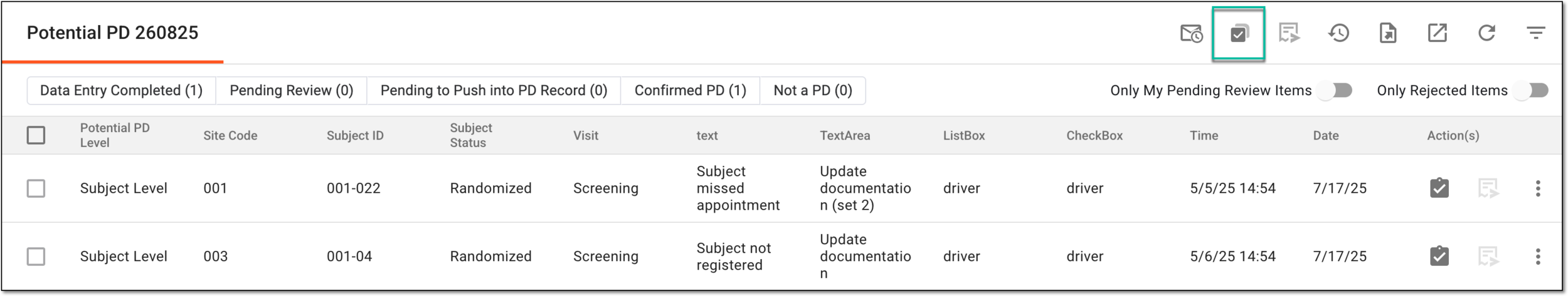 Selecting to audit multiple PD records