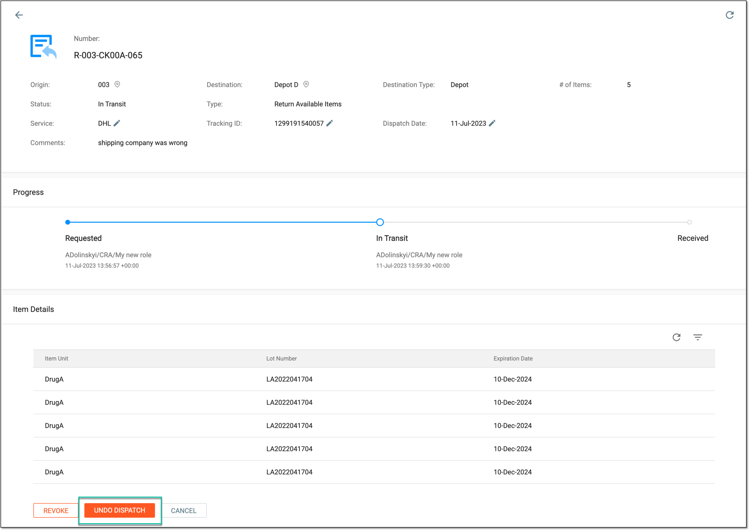 Example of undoing previous action with return shipment