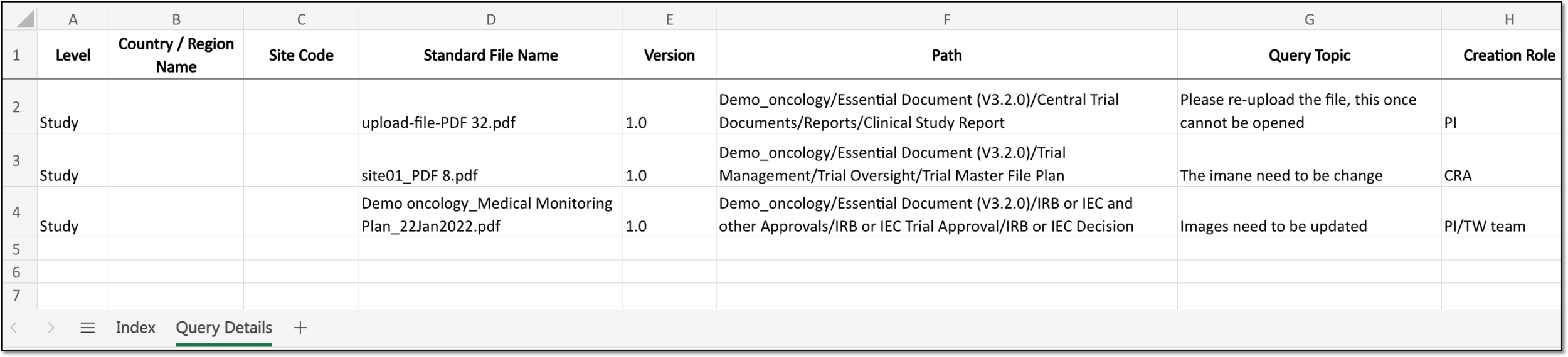 Exported query details file