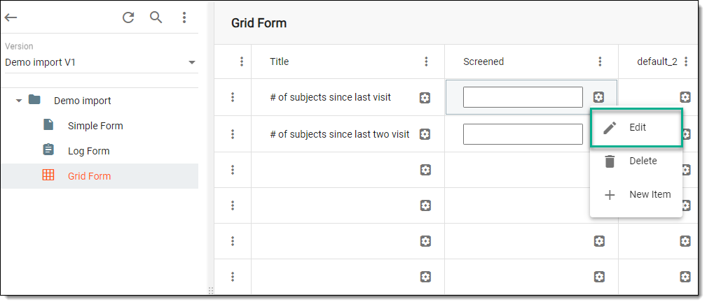 Selecting option to edit grid cell