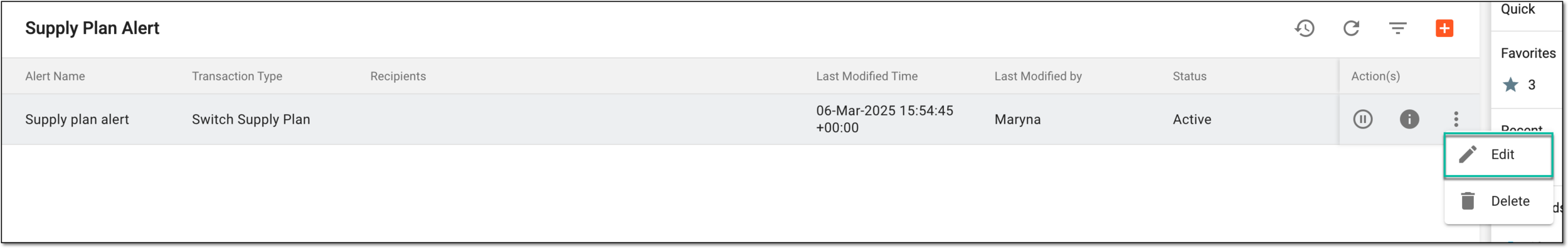 Selecting option to edit supply plan alert