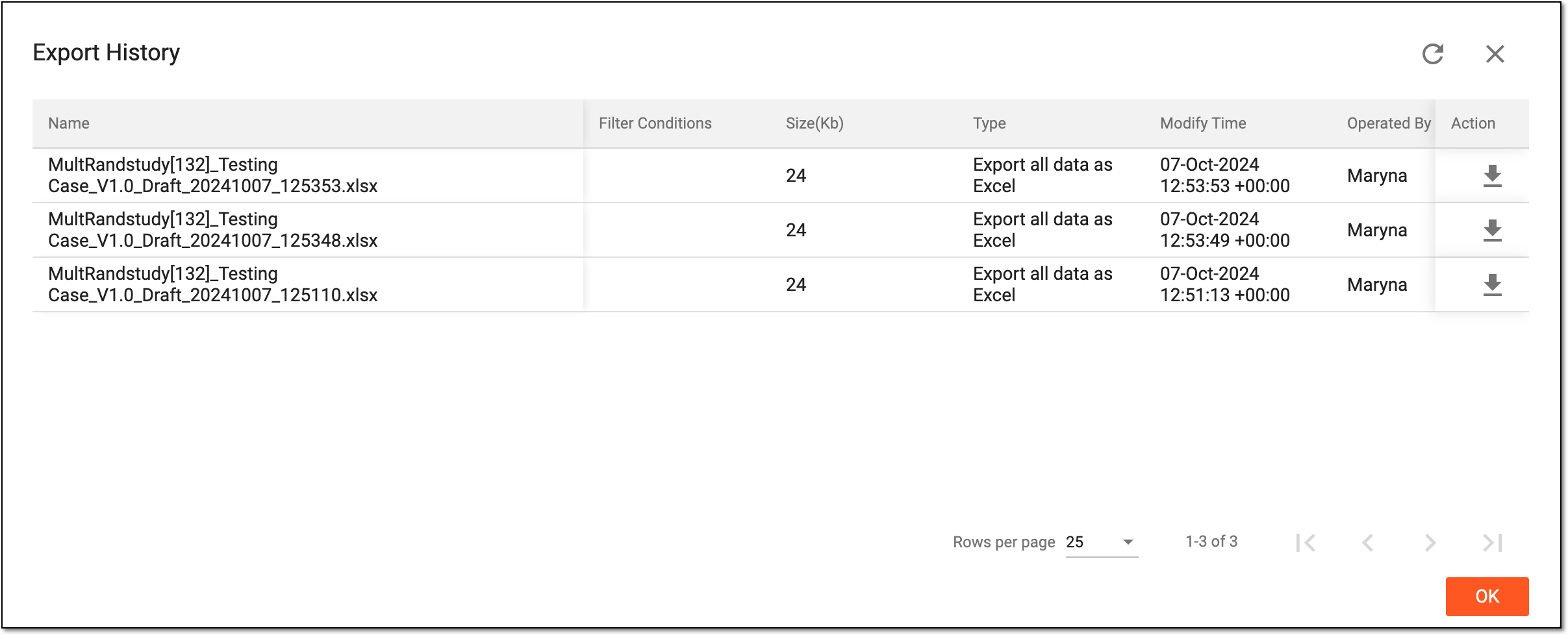 Downloading test case results from history