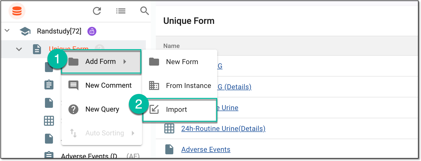Selecting option to import unique form