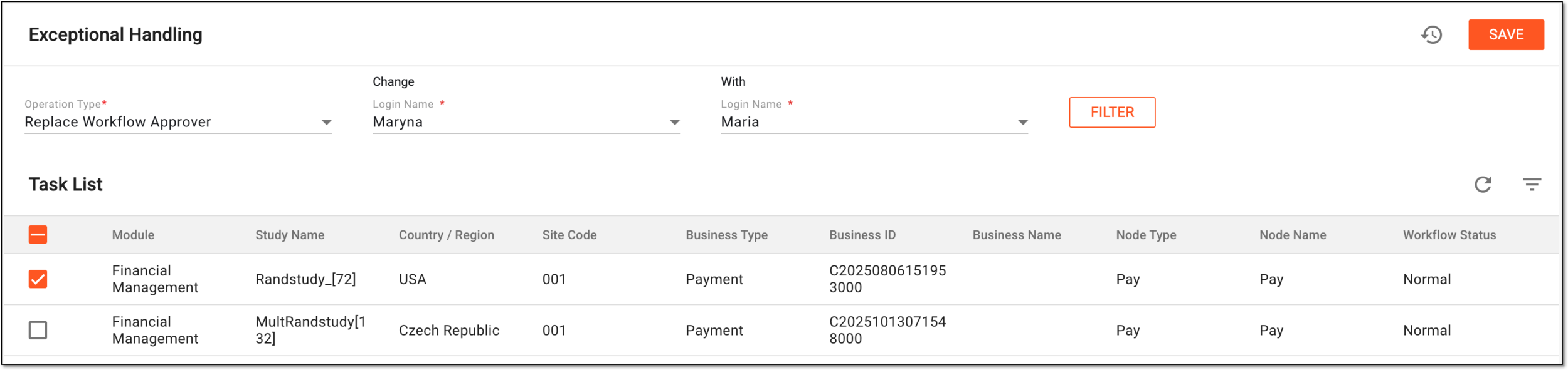 Selecting tasks to replace workflow approver