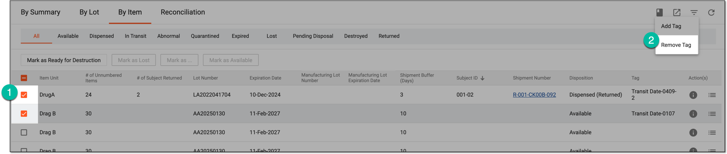 Selecting items to remove tags