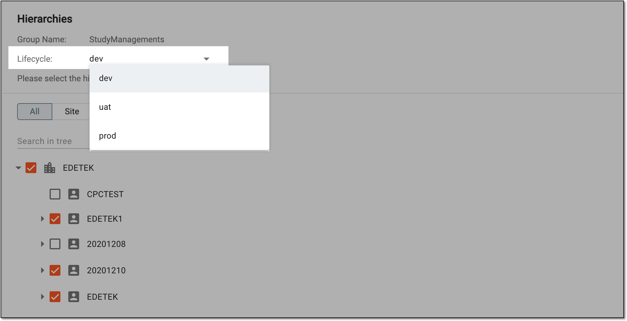 Providing access to sites and depots in hierarchy