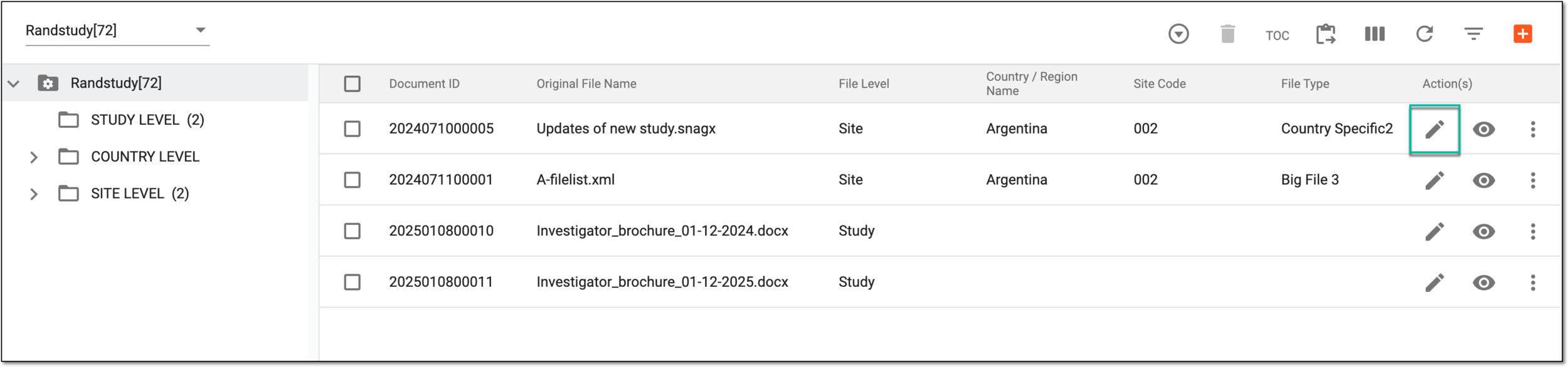 Selecting to edit file in document warehouse