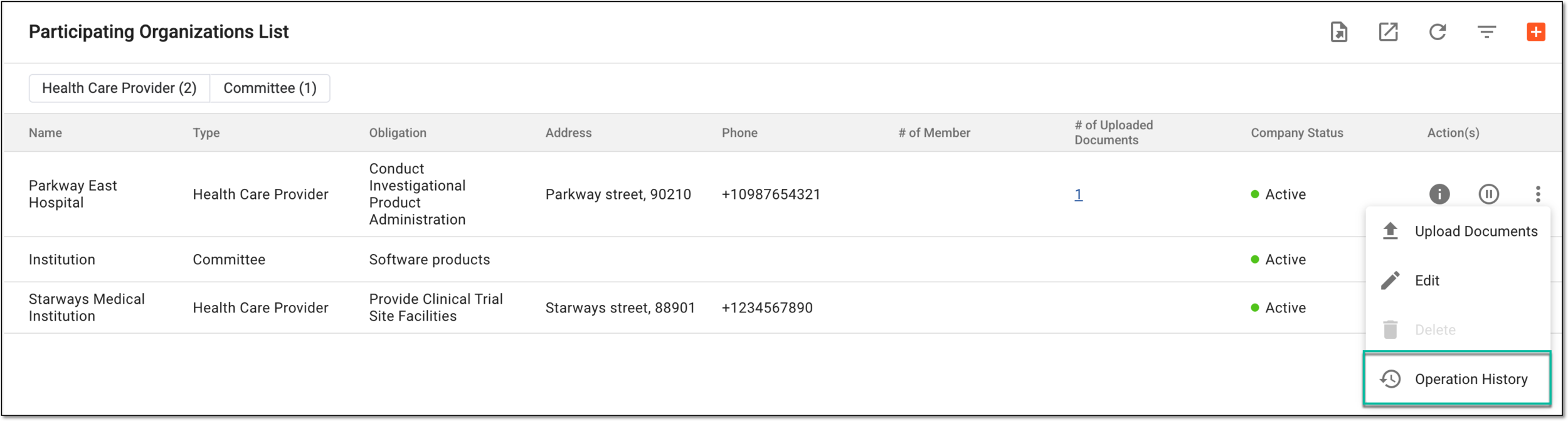Accessing operation history for participating organization