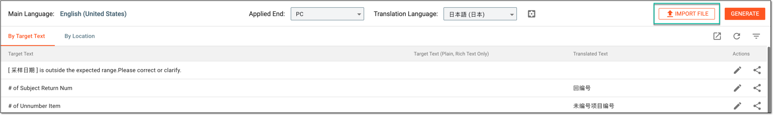 Selecting to import text translations