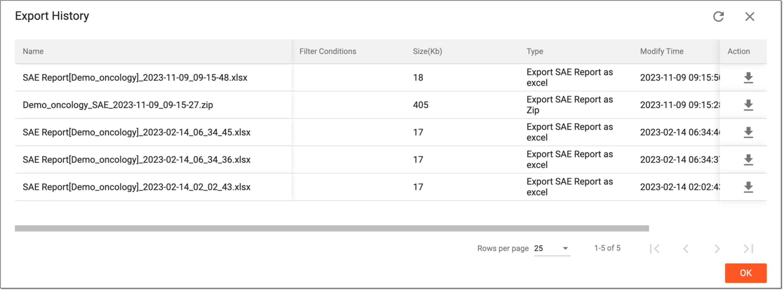 Downloading file from export history