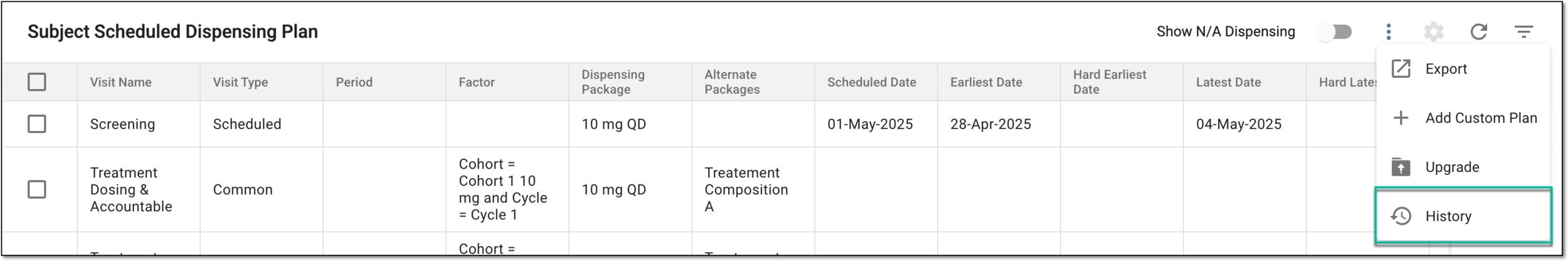 Accessing upgrade history for subject dispensing plan