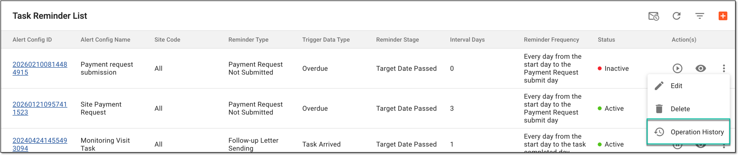 Accessing operation history for task reminder
