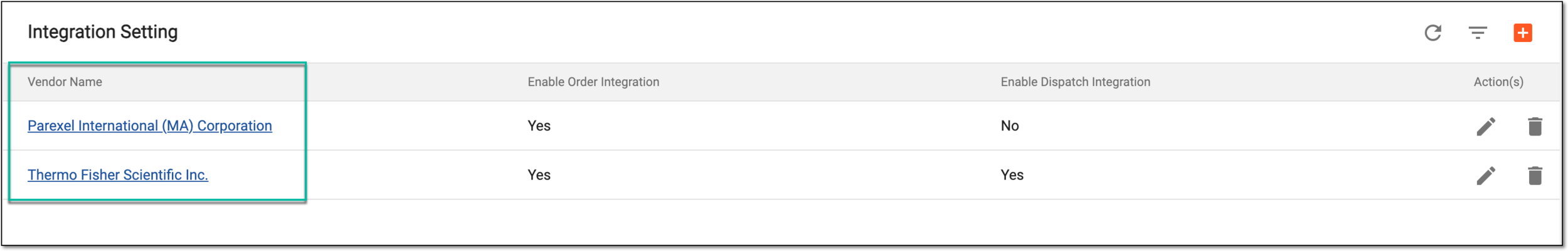Selecting vendor to configure integration