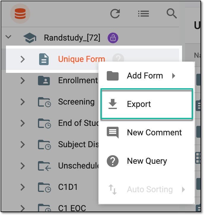 Selecting option to export unique form set file