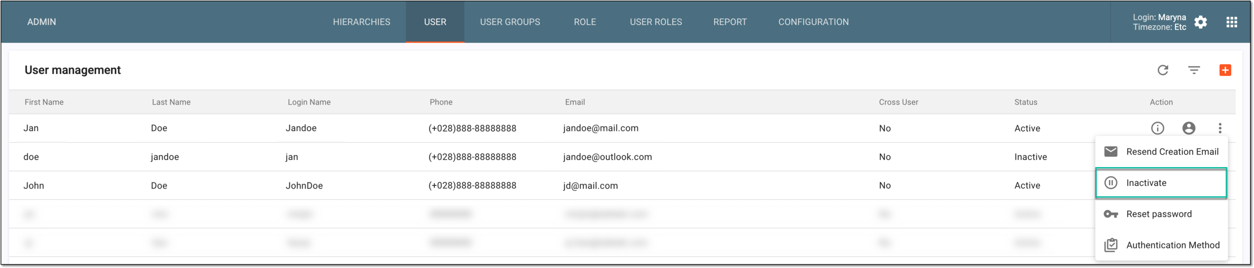 Inactivating user account