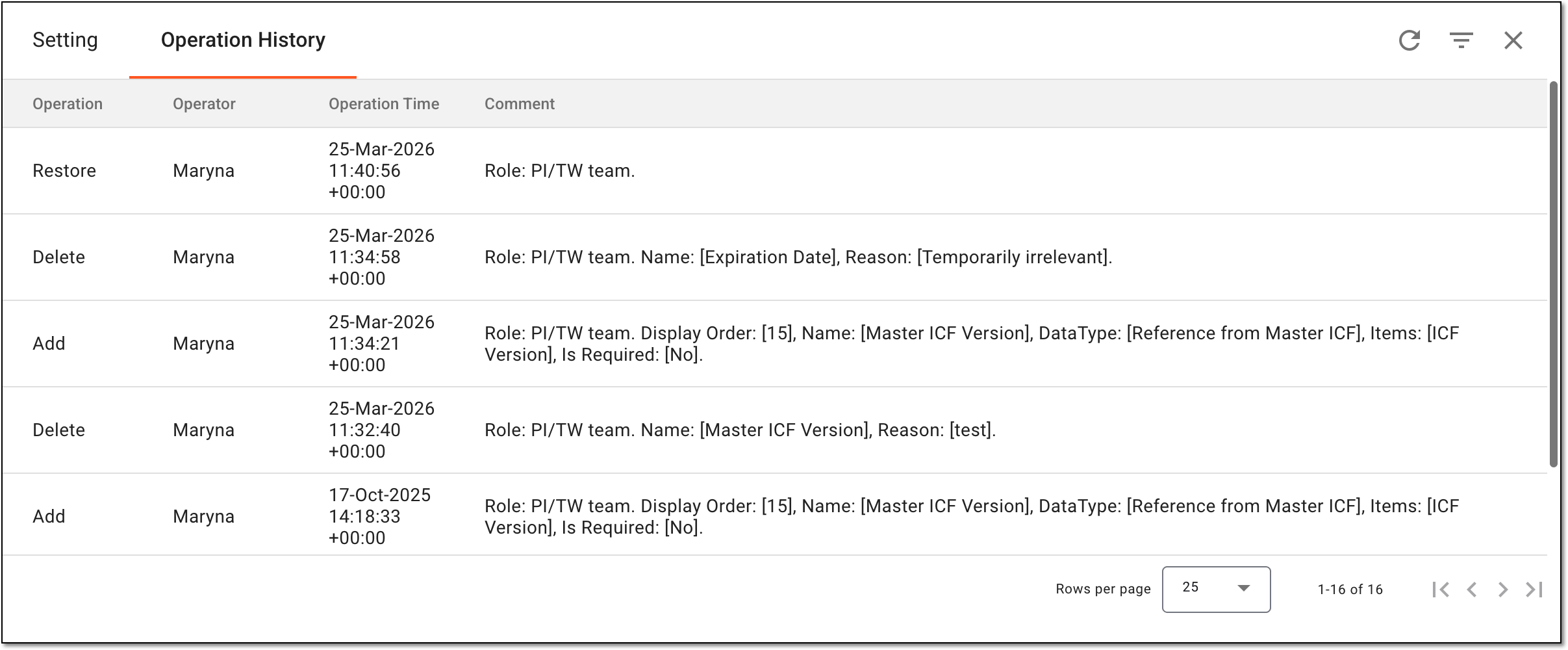 Analyzing operation history for site ICF listing configurations