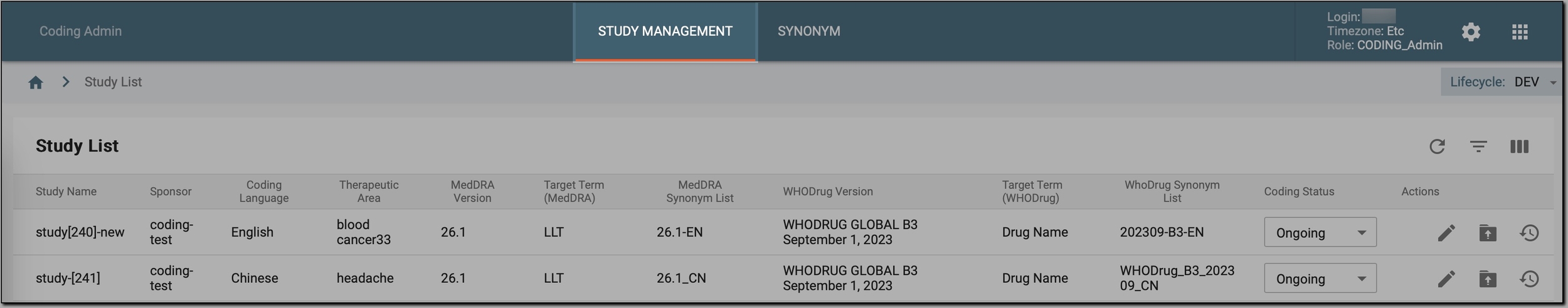 Accessing the STUDY MANAGEMENT tab
