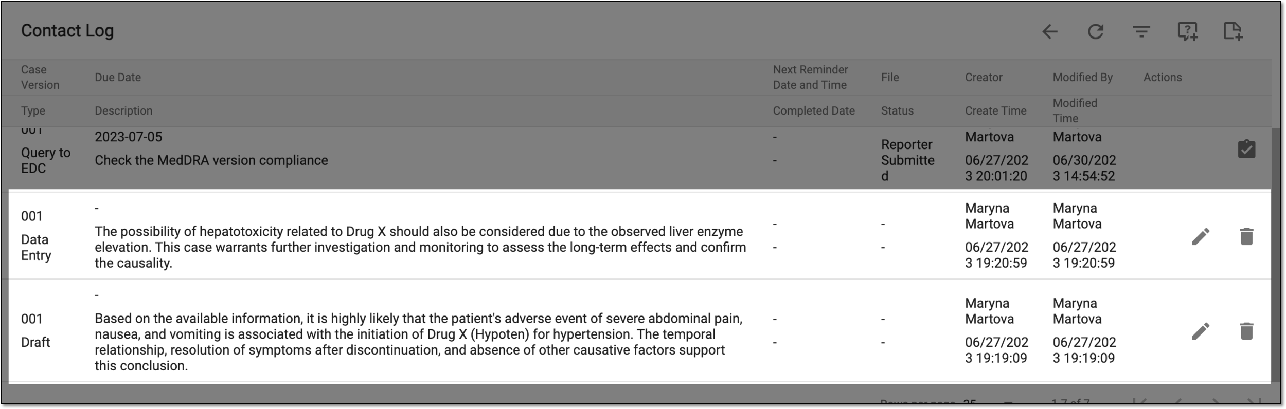 Viewing case notes in contact log