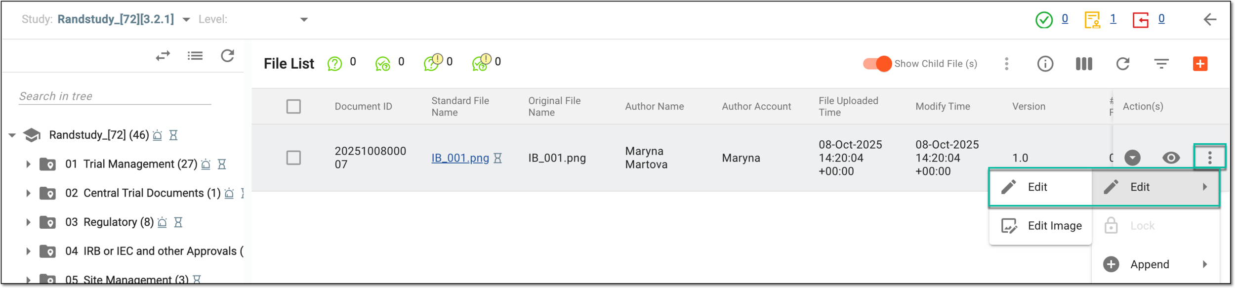 Selecting option to edit file