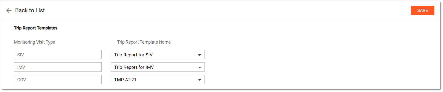 Selecting trip report templates. Monitoring configurations