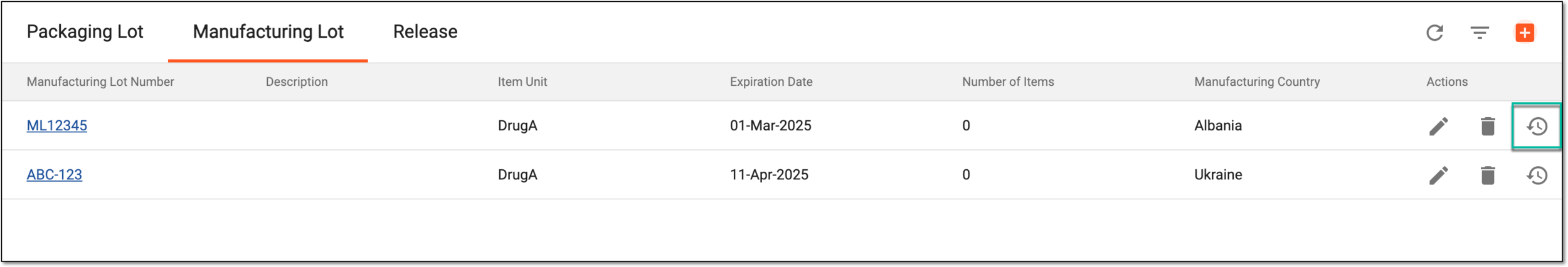 Accessing manufacturing lot operation history