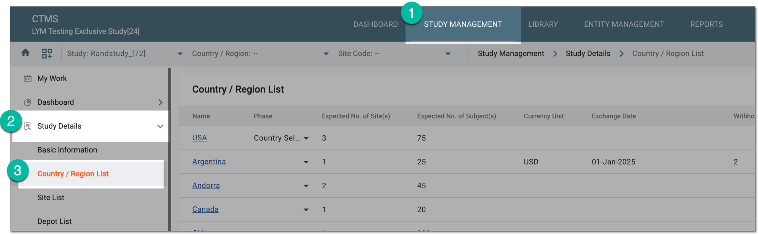 Accessing country and region list for study