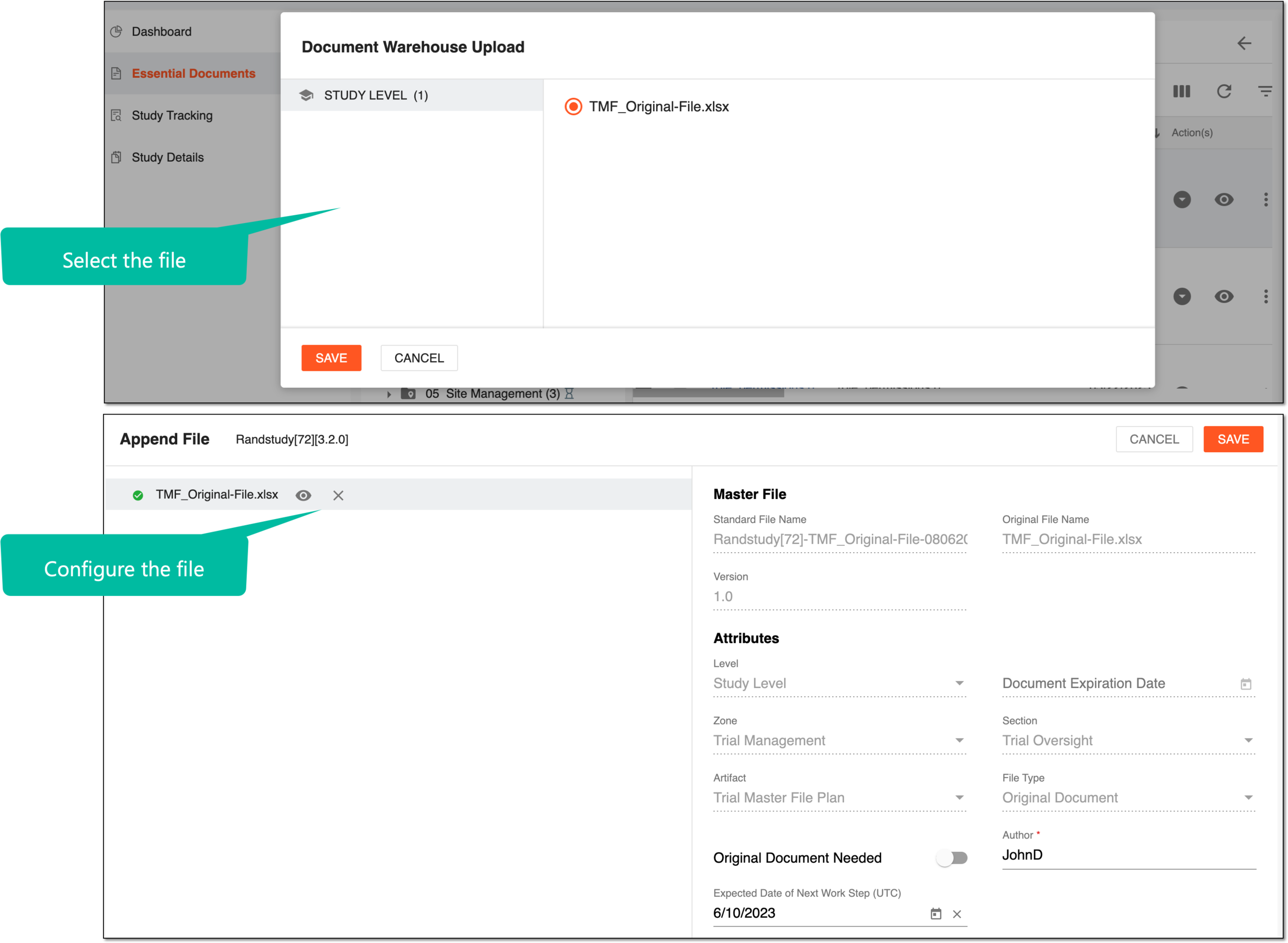 Appending file from document warehouse