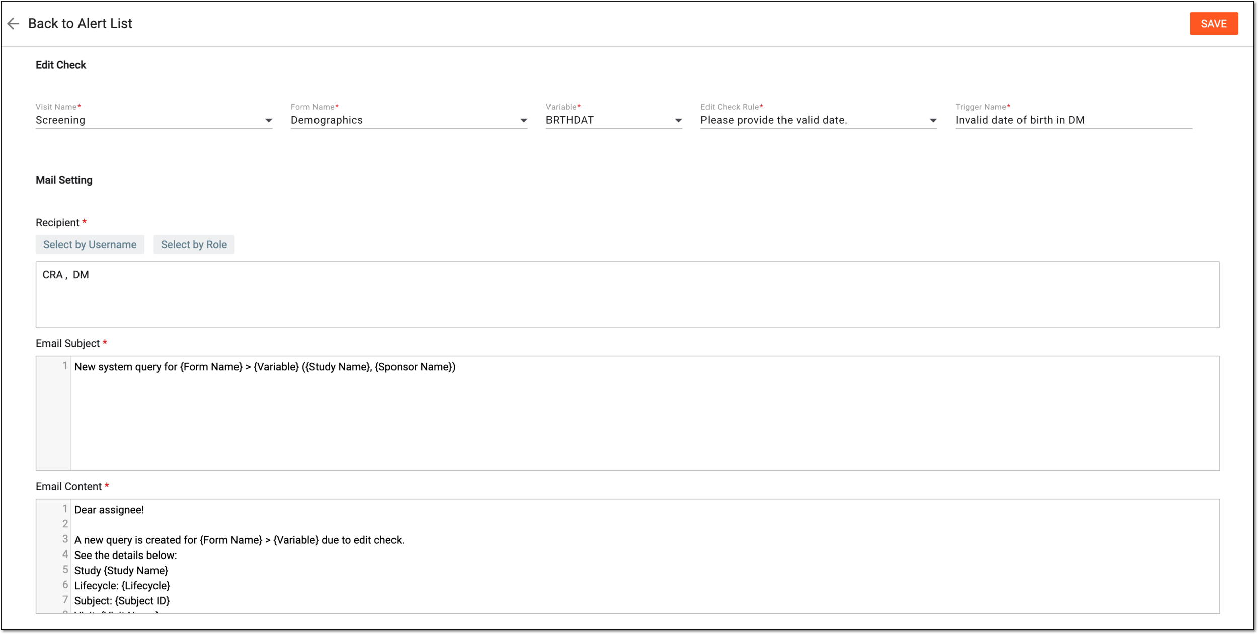 Configuring edit check alert