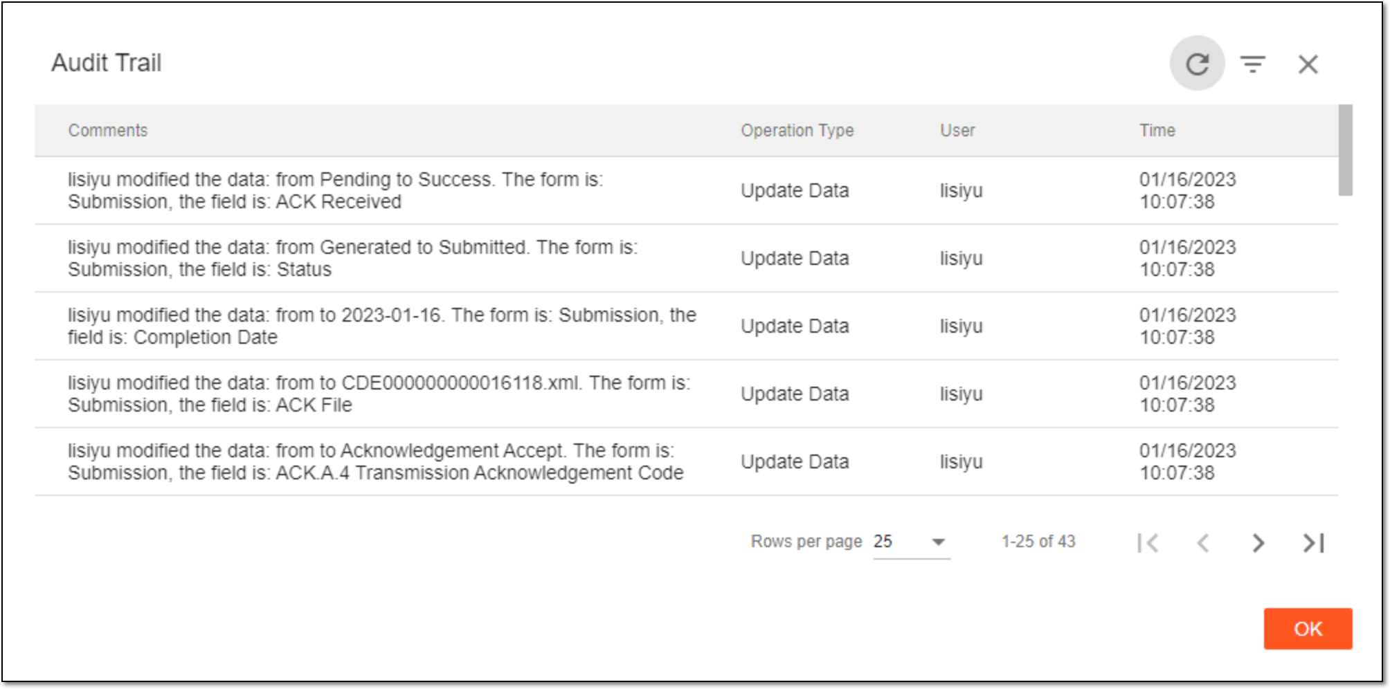 Viewing audit trail of submission record