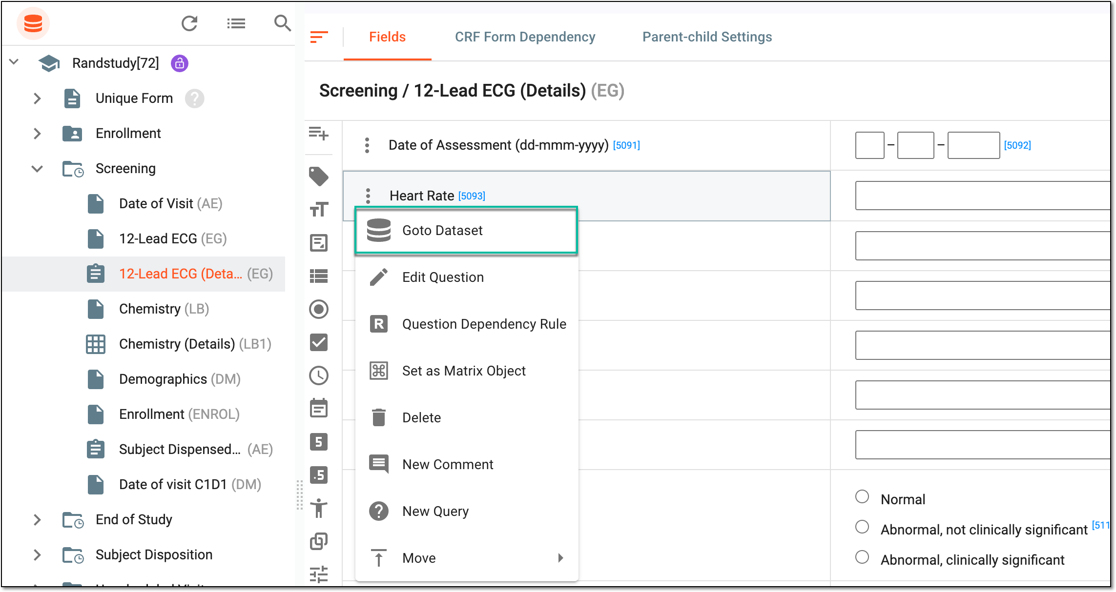 Selecting option to go to dataset