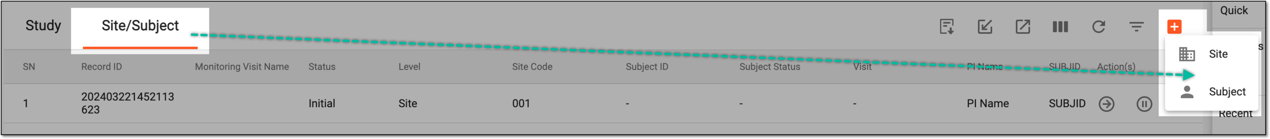 Selecting option to add record for different template-entity combinations