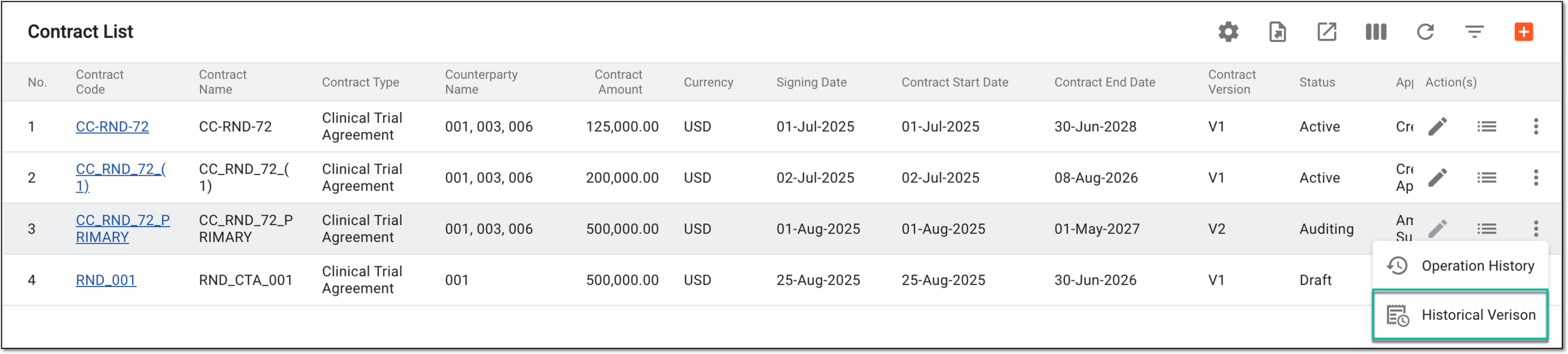 Accessing history of contract version