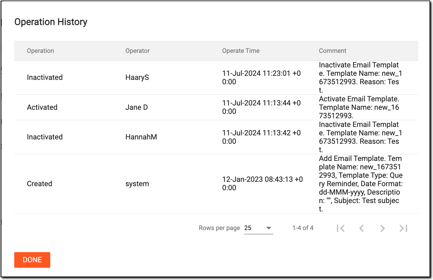 Viewing operation history of email template