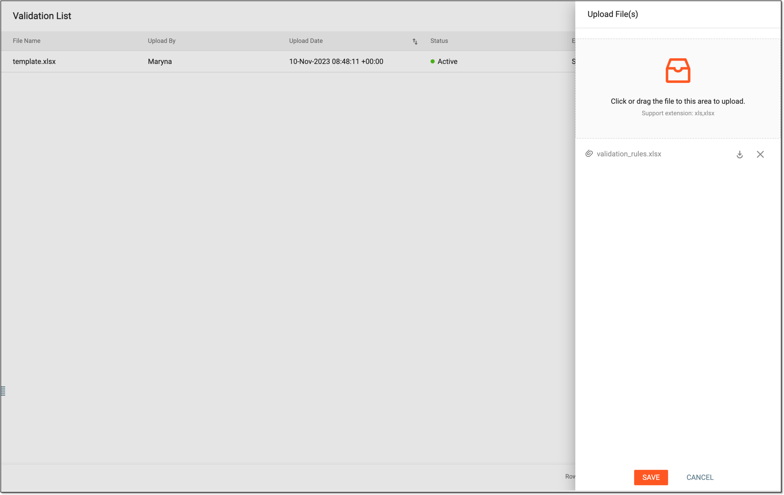 Uploading validation rules template
