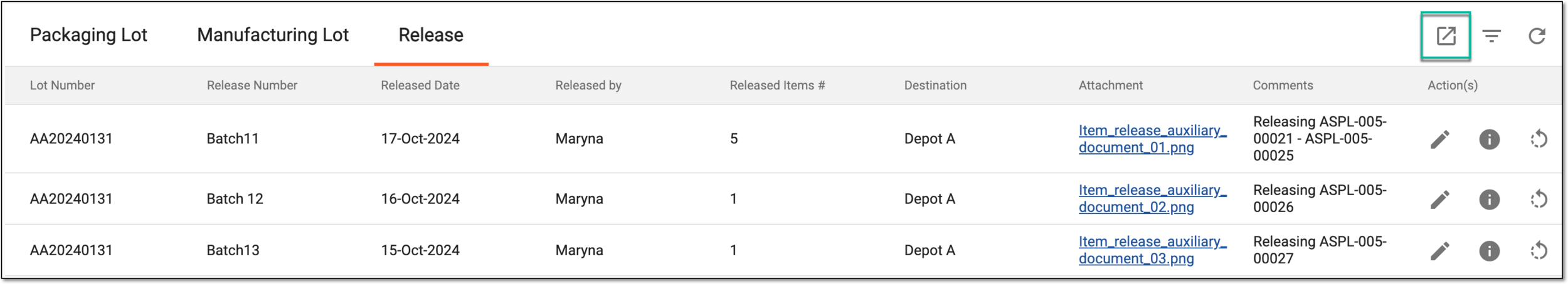 Exporting lot release data
