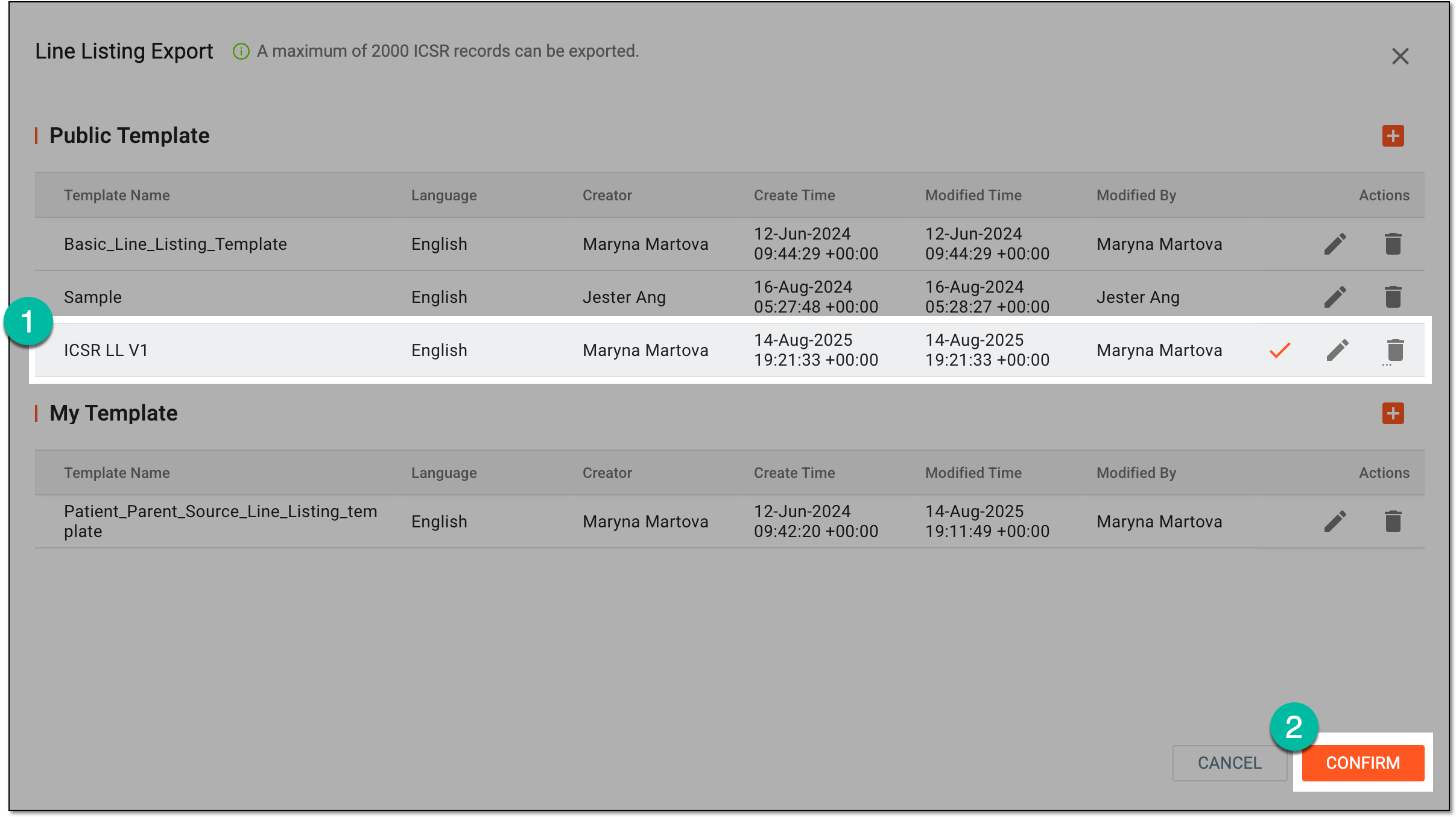 Selecting template to export ISCR line listing