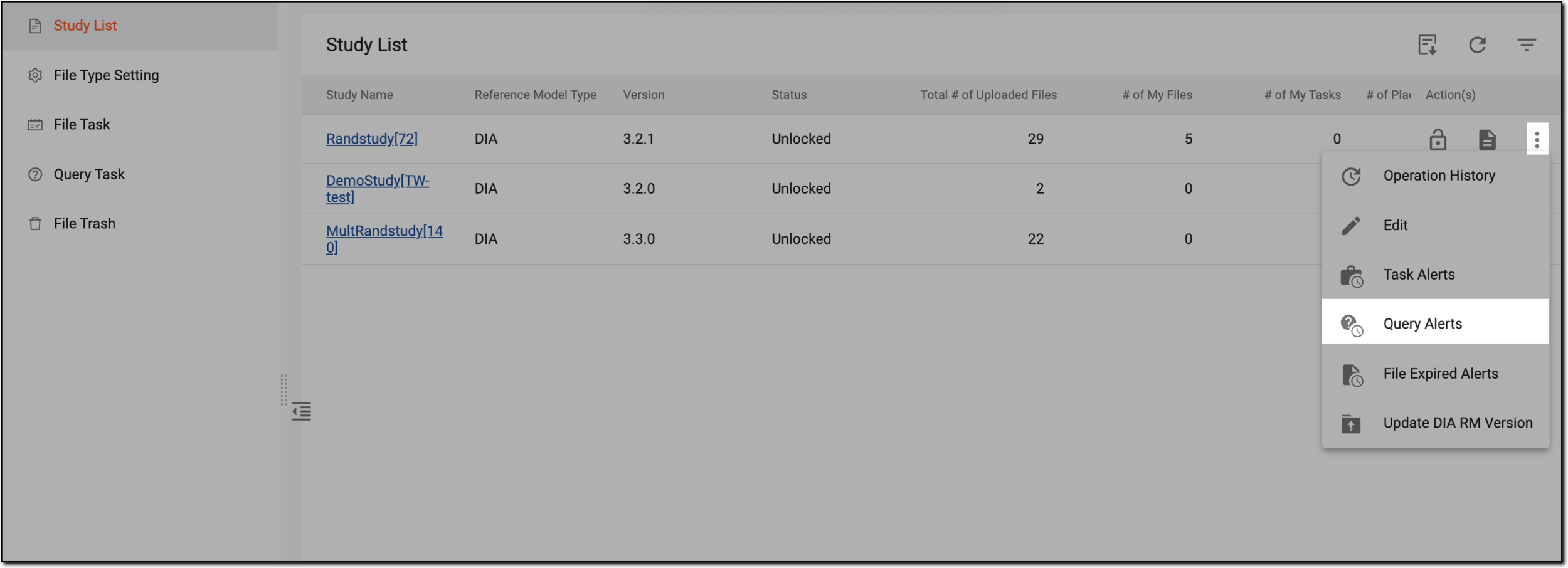 Accessing query alerts list