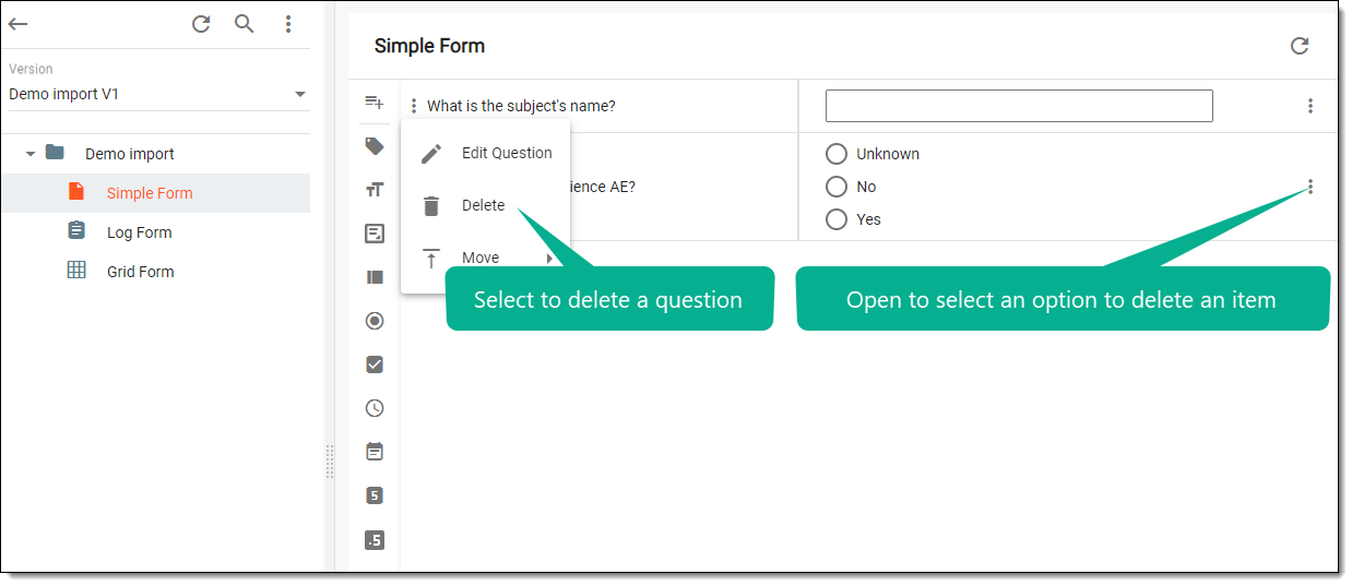 Selecting option to delete question or item