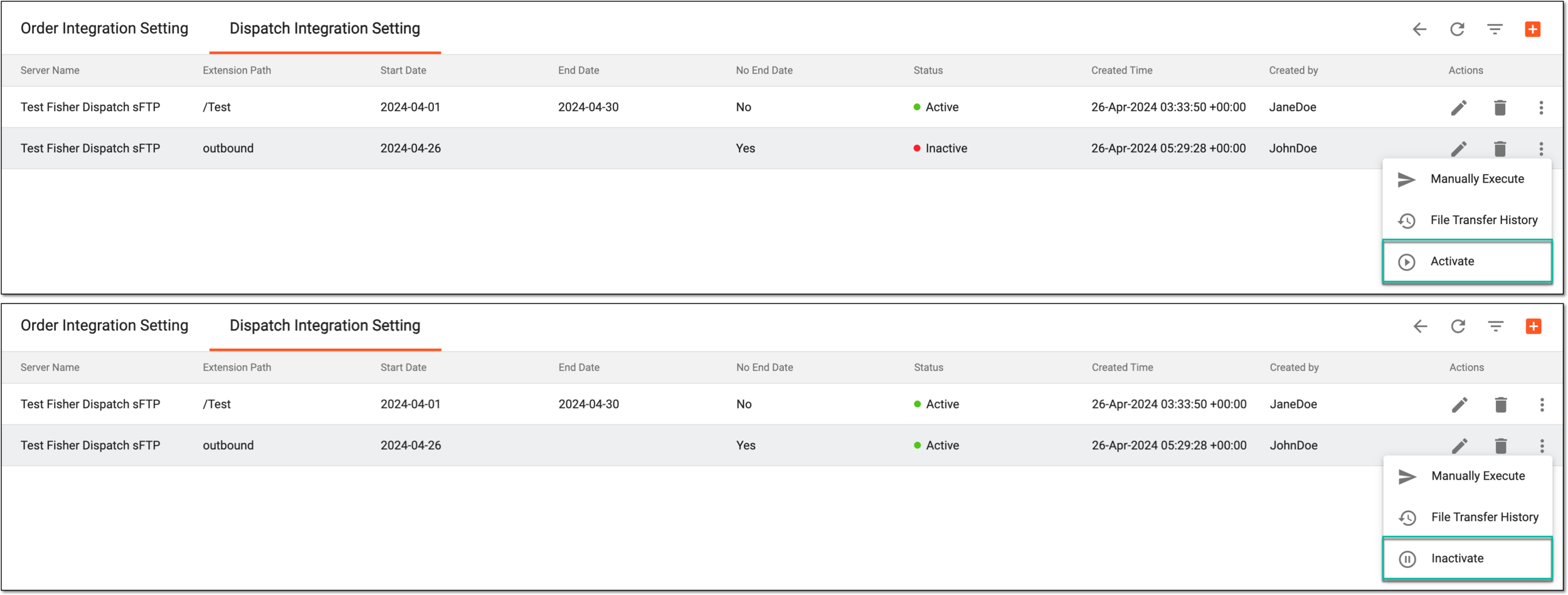 Activating/Inactivating dispatch integration