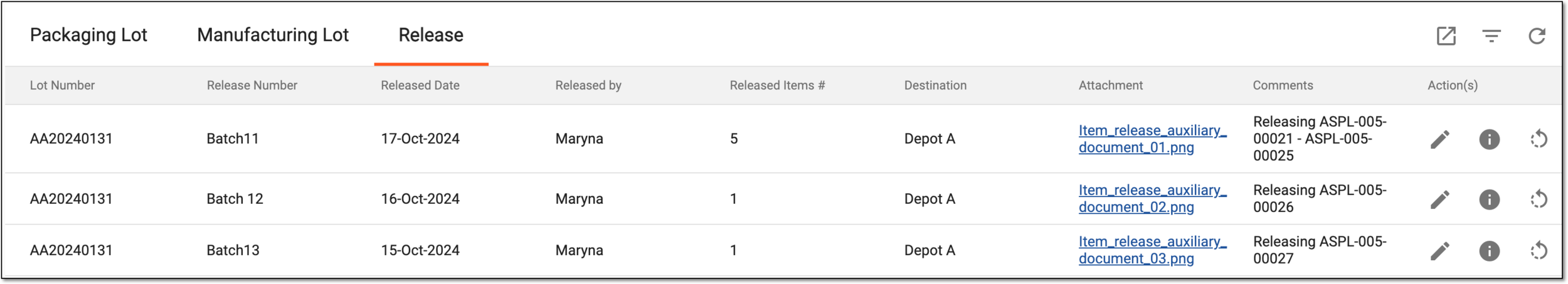 Released lot details