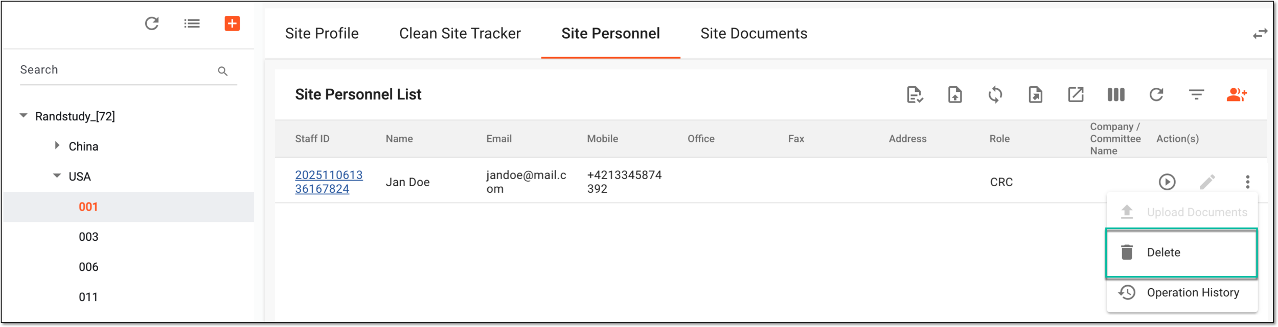 Accessing option to delete site personnel