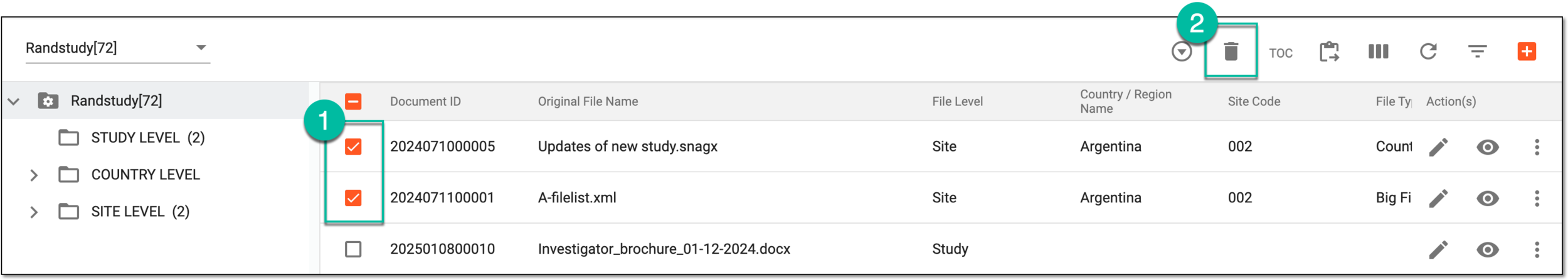 Deleting multiple files from document warehouse