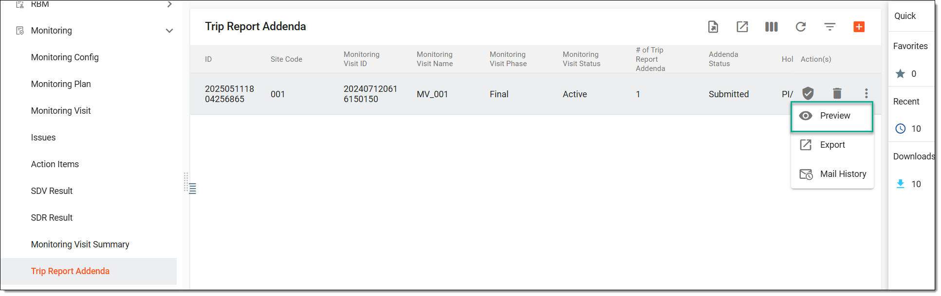 Selecting to preview trip report addenda