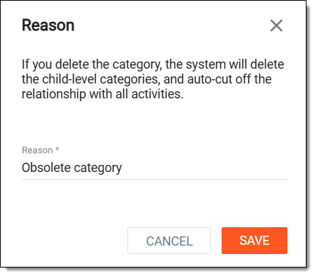 Entering reason to delete category