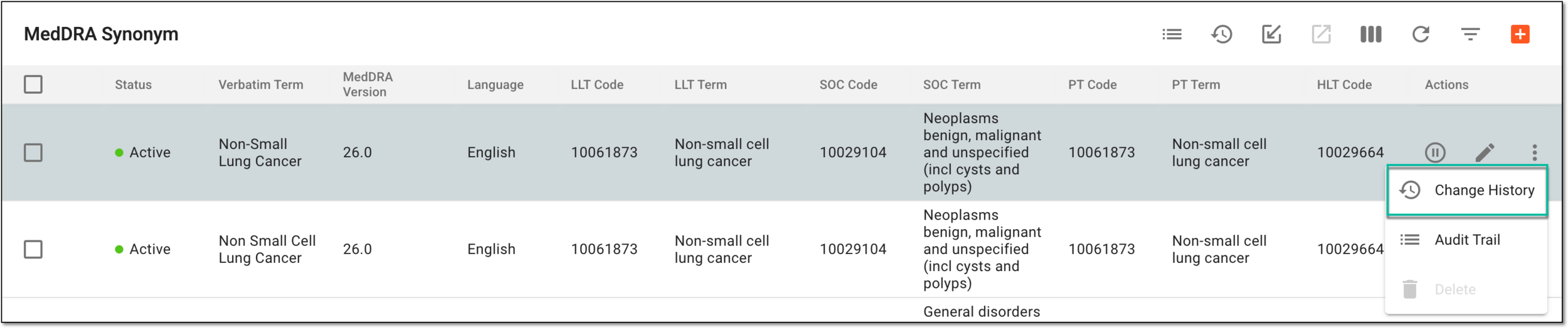 Selecting to view individual MedDRA synonym change history