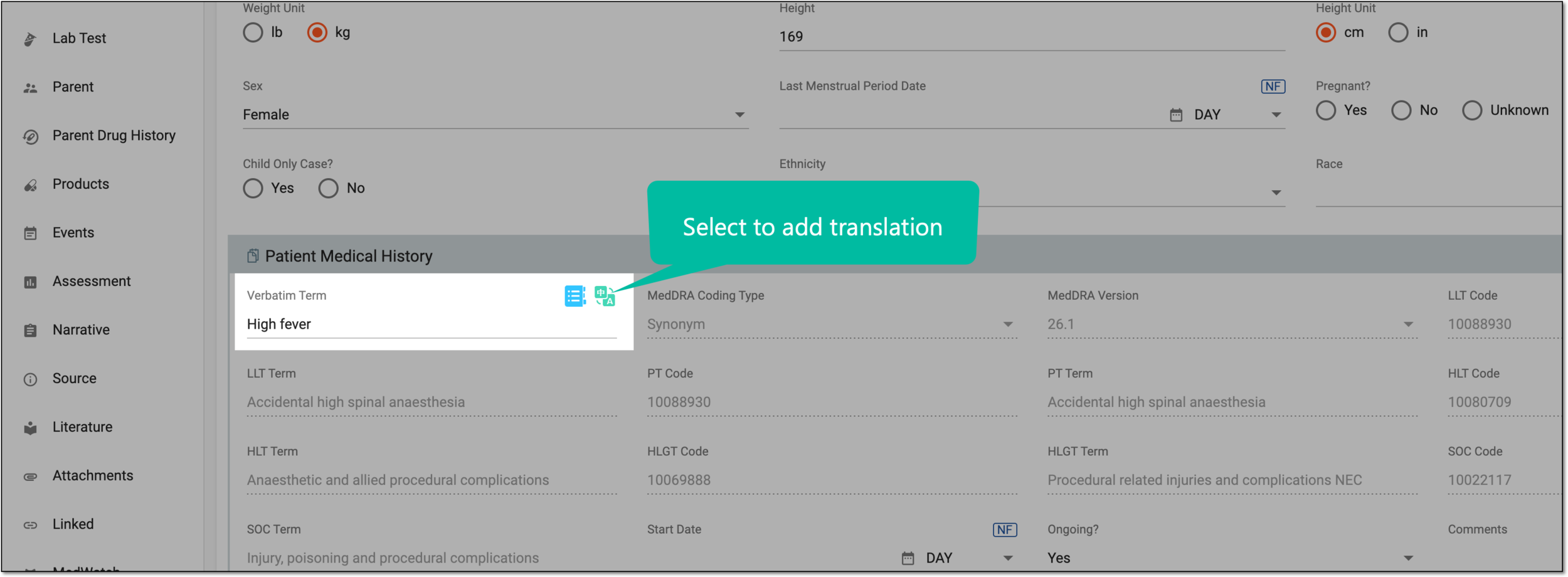 Selecting to add translation