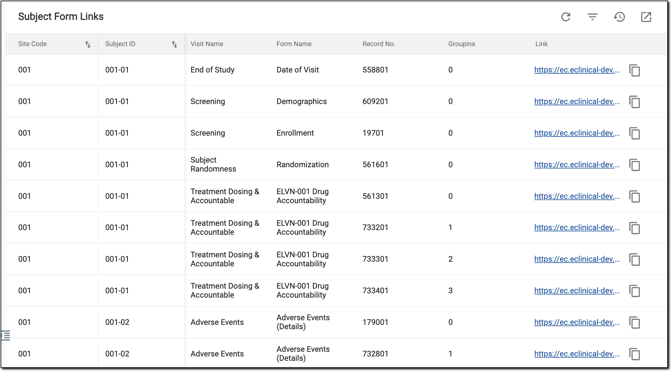 Viewing Subject Form Links report